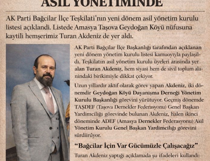 Turan Akdeniz AK PARTİ BAĞCILAR İLÇE ASİL YÖNETİMİNDE